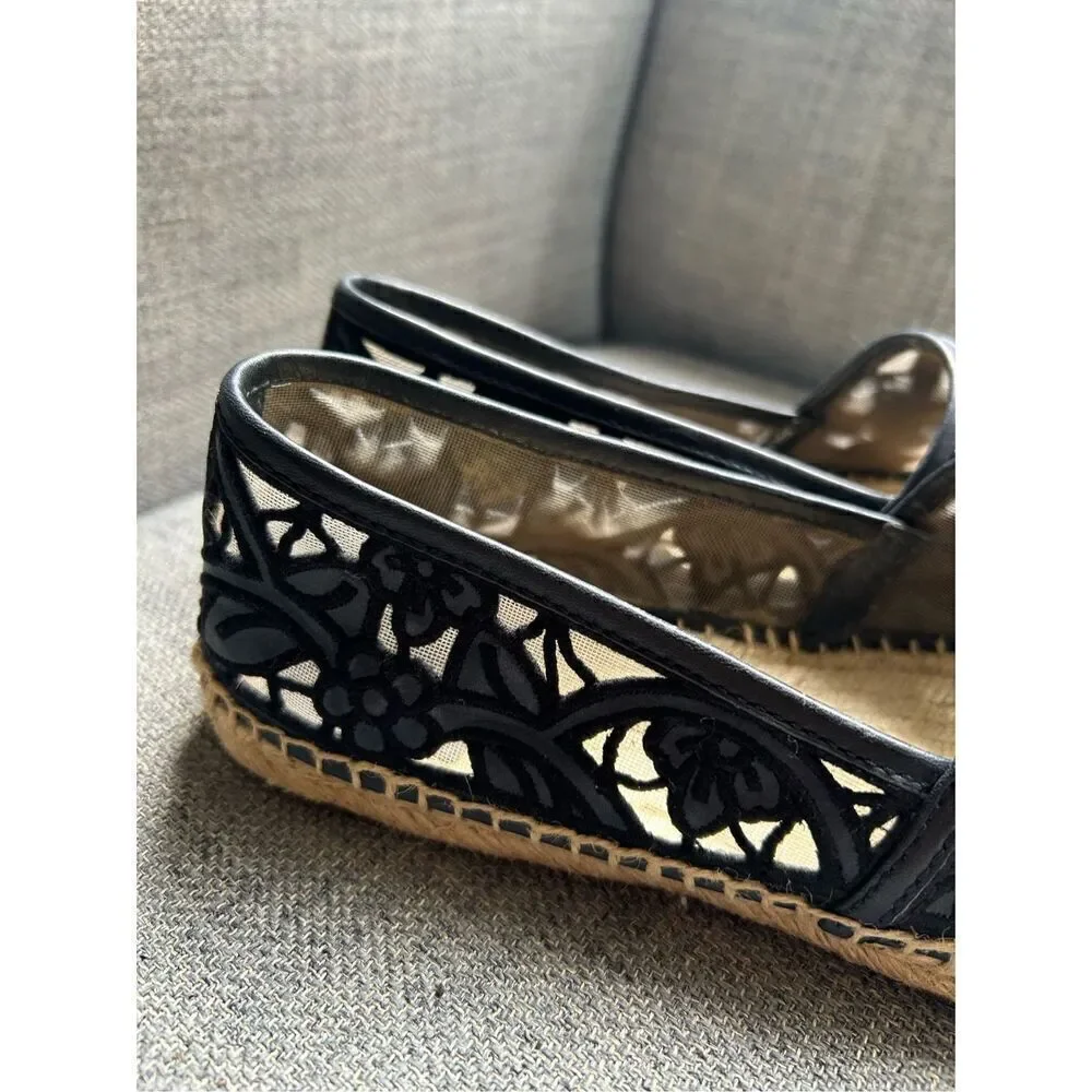 Tory Burch Black Cotton Lace and Leather Jackie Espadrilles